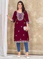 Rayon Maroon Office Wear Embroidery Work Readymade Kurti